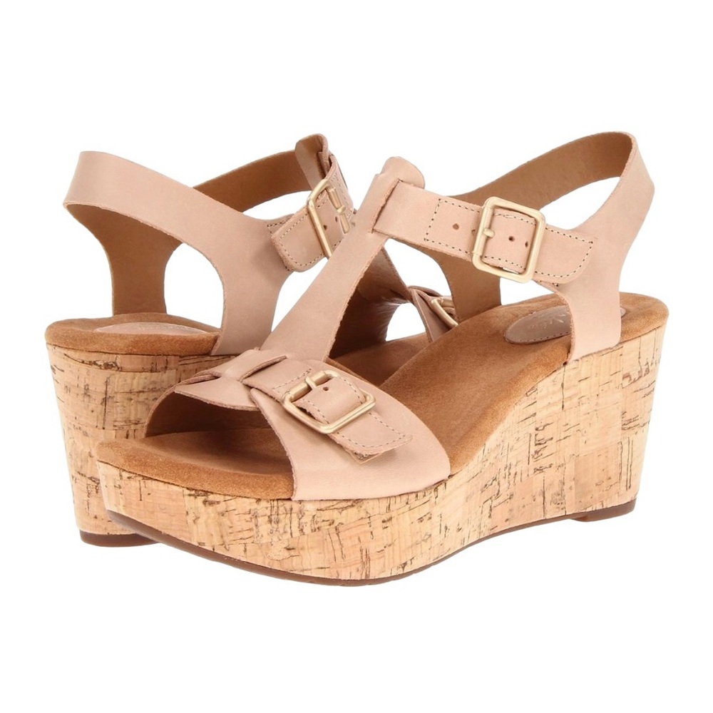 Clarks Artisan Caslynn Paula Nude Leather Cork Platform Wedge Sandal